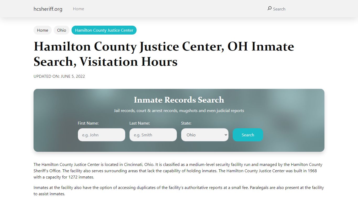 Hamilton County Justice Center , OH Inmate Search, Visitation Hours